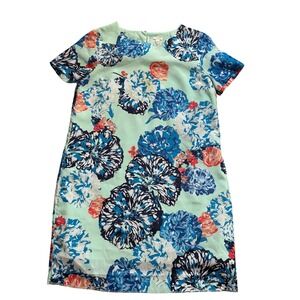 J.Crew Floral Shift Dress Womens 14 Green Blue Short Sleeve Mini C5608